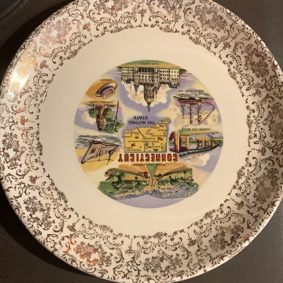 1960s Vintage Connecticut Tourist Souvenir Ceramic Collectible Plate Gold Edge - Picture 13 of 17